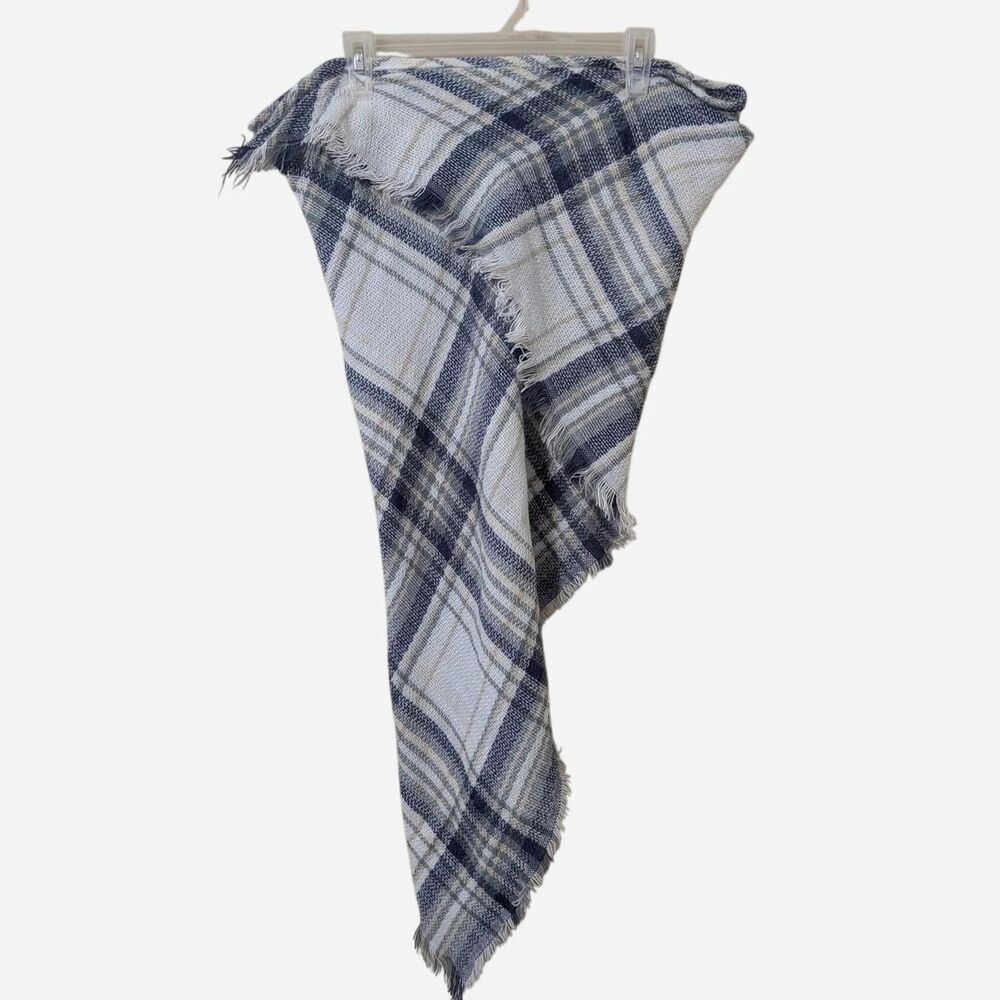 Navy Blue Plaid Blanket Scarf Frayed Fringe Oversized Tartan Winter Wrap Shawl